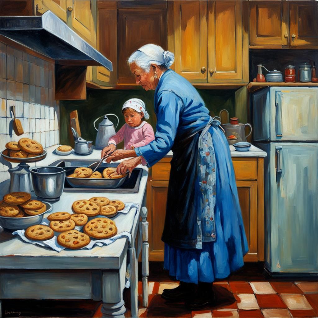 Grandmother and Niece in Kitchen, Oil Painting Style