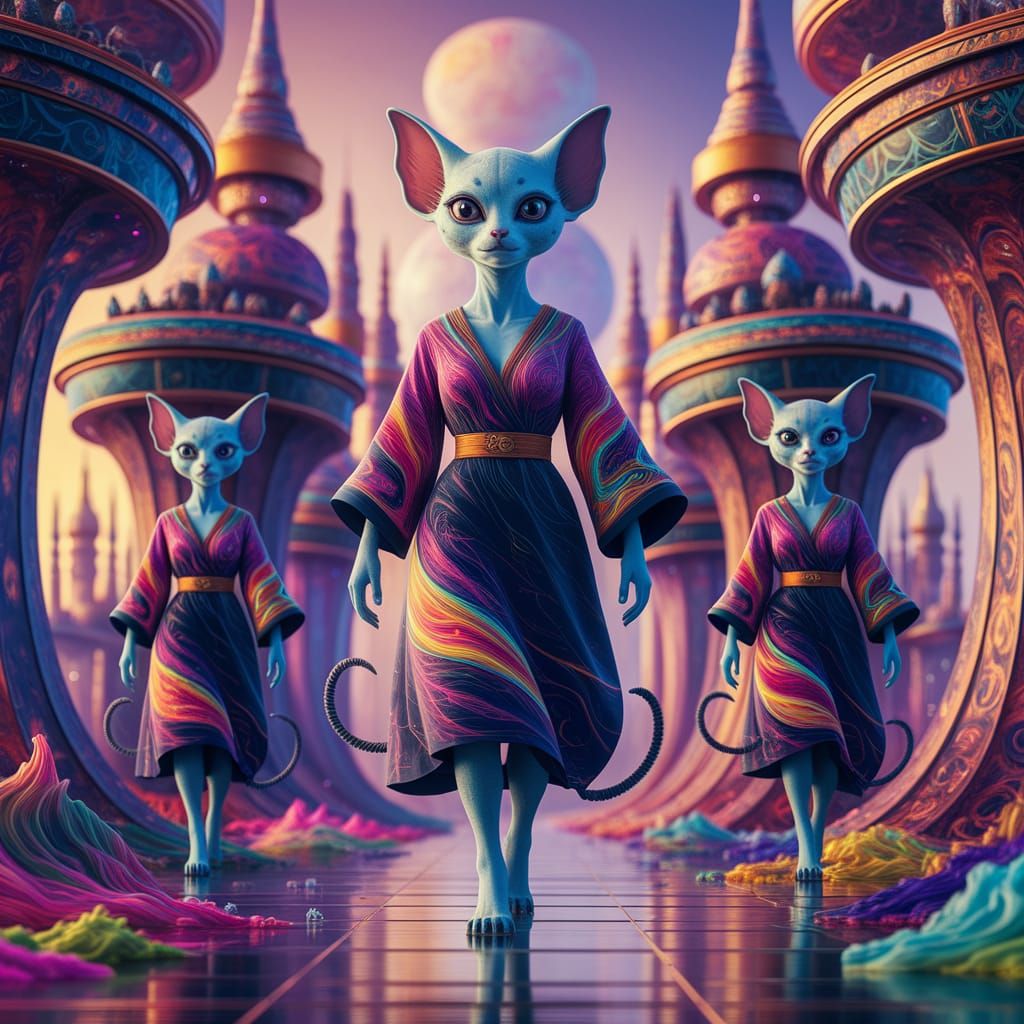 Surreal Cityscape of Vibrant Feline Aliens in Sacred Geometr...