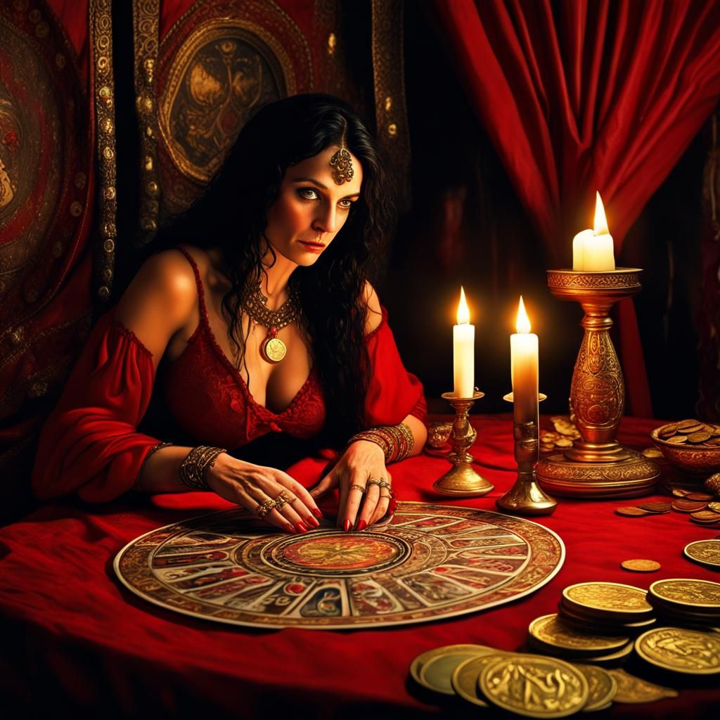 Gypsy Woman Reading Tarot Cards by Candlelight