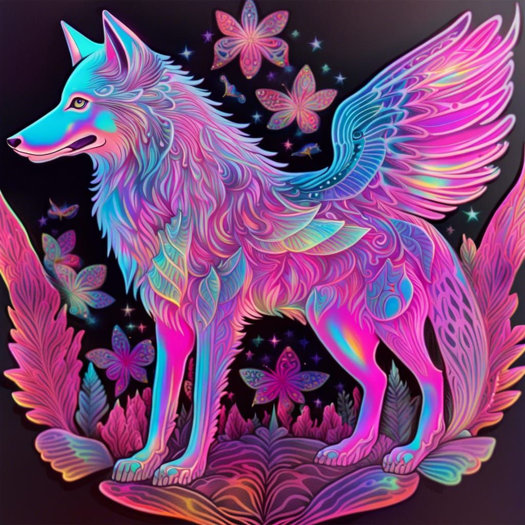 Psychedelic Holographic Pink Wolf with Wings