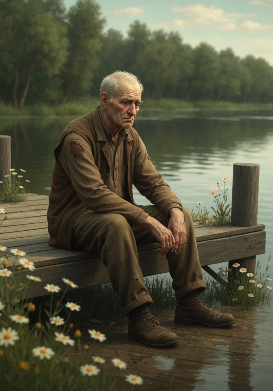 Melancholic Man on Riverside Dock, Realist Painting