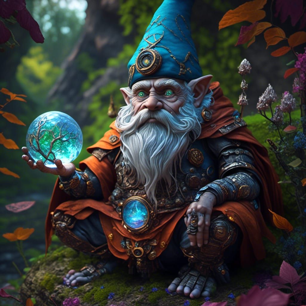 Robot Gnome Divination Wizard in Fantasy Line Art