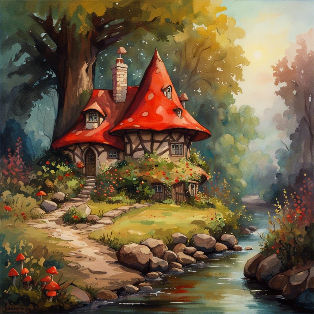 Gothic Fairytale Cottage Garden in Watercolor