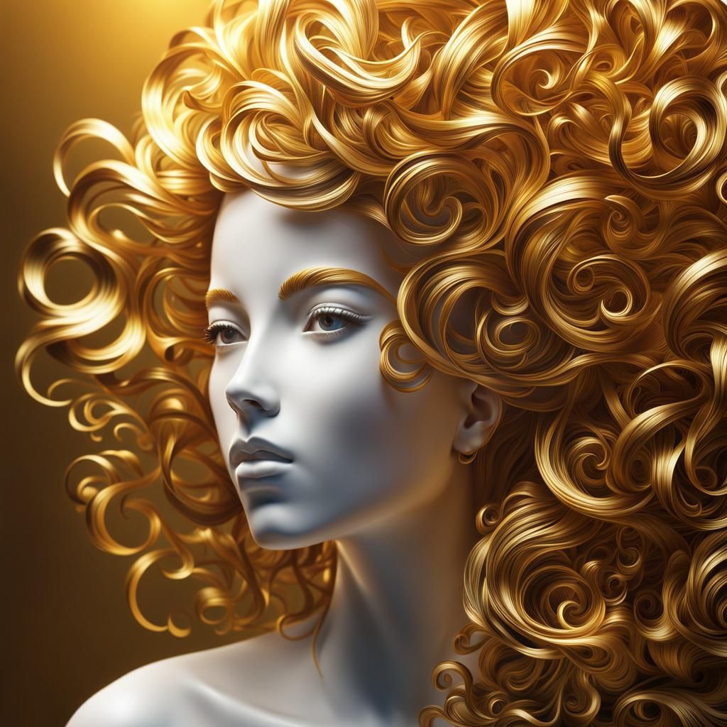 Golden Silhouette with Curly Hair, Detailed Matte Painting