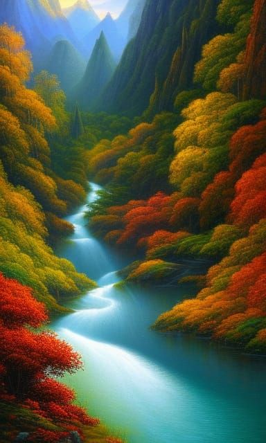 Fantastical Valley Painting: Mountains, Waterfalls, Lush Sce...