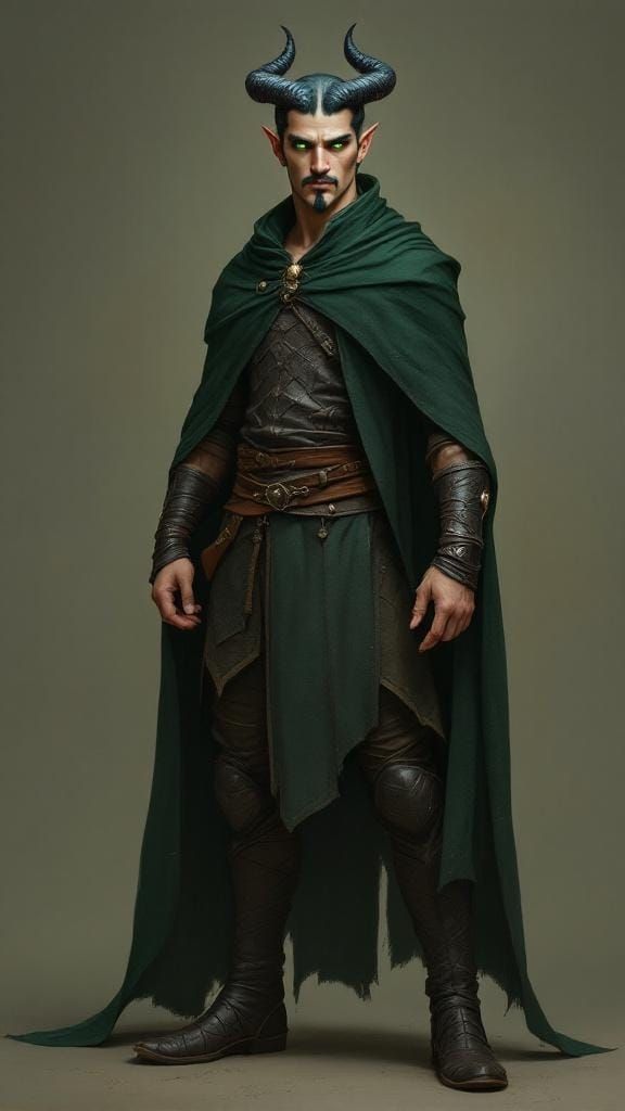 Tiefling Warlock with Emerald Eyes and Leather Armor