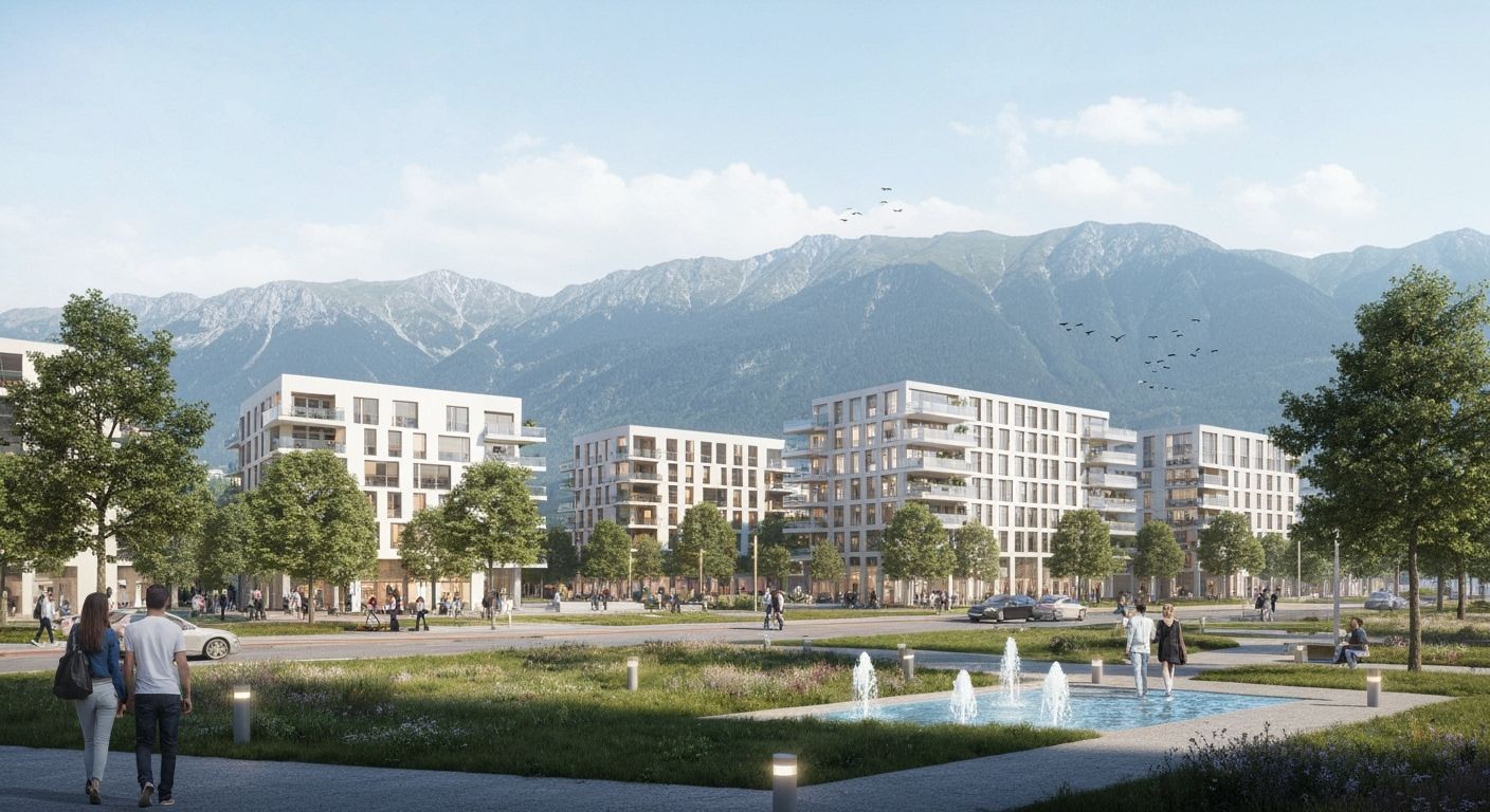 Sustainable Innsbruck Cityscape with Modern Housing and Moun...