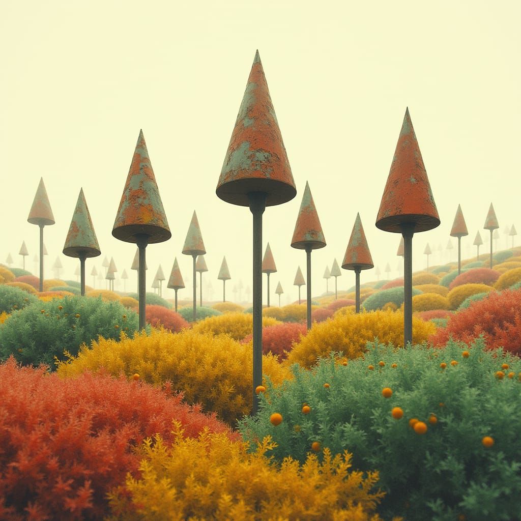 Conical Pins Amidst Whimsical Bushes in Vibrant Colors