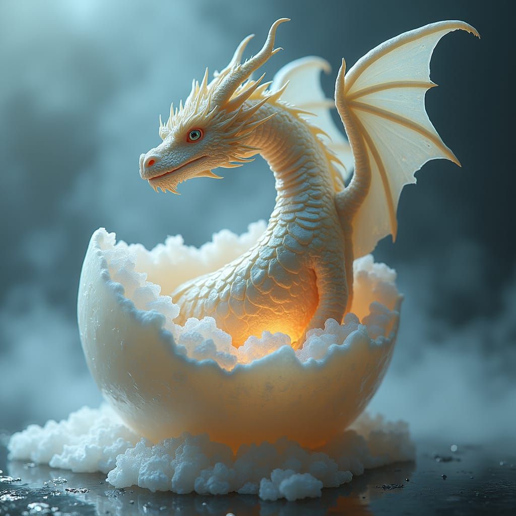 Dragon Hatching from Crystalline Egg in Ethereal Mist