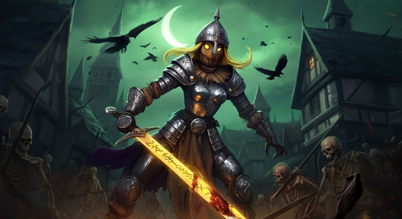 Slavic Female scarecrow paladin fighting the Undead.