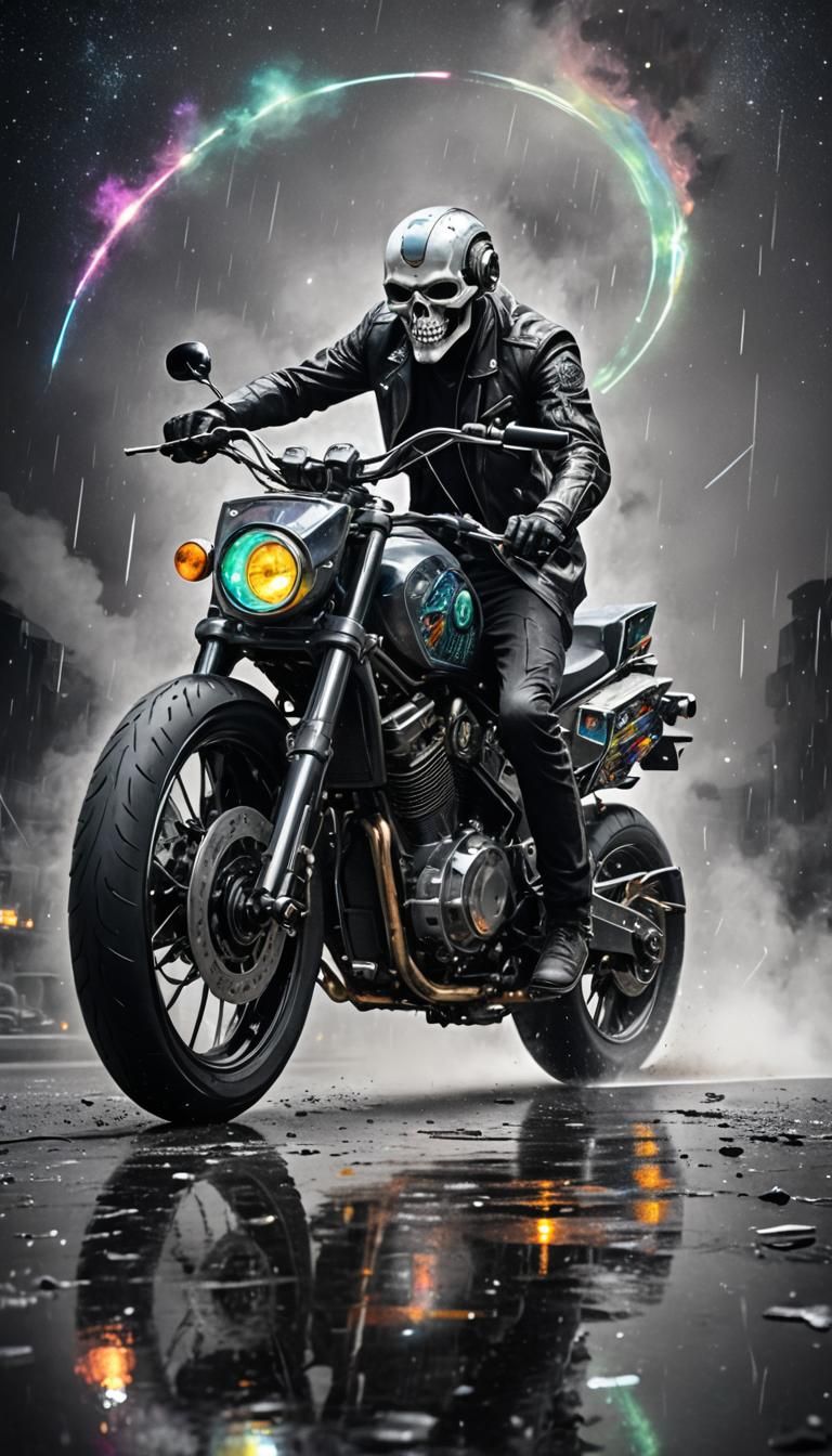 Calavera Man in Rainy Starry Night, Surreal Watercolor