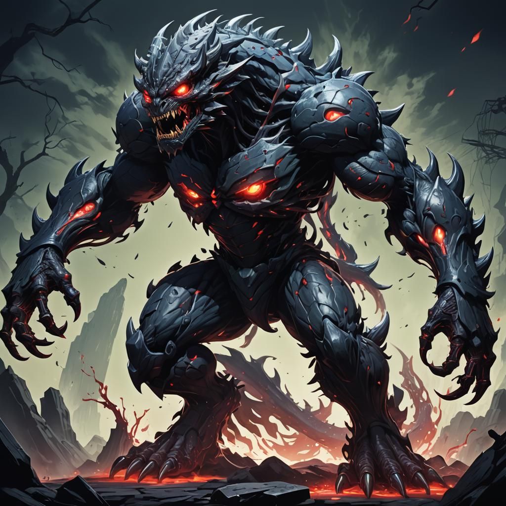 Menacing Scaled Monster with Red Eyes in Anime Style