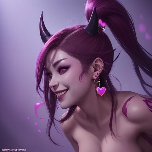 Flirty Demon Lady with Heart Earrings in Hyperrealistic Styl...