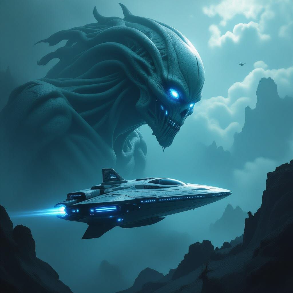 Spacecraft Encounters Colossal Dead God in Eerie Sci-Fi Styl...