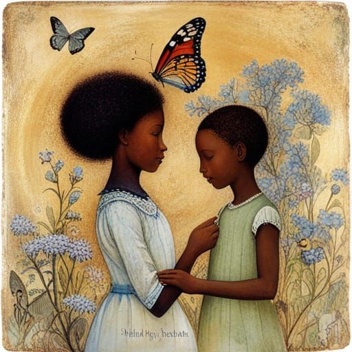 Black Family in Wildflower Garden, Whimsical Art