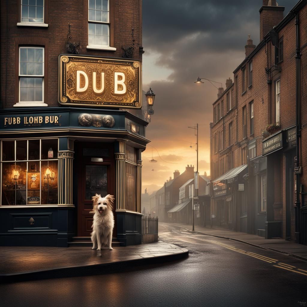 Detailed Pub Sign with Dog: Digital Matte Painting