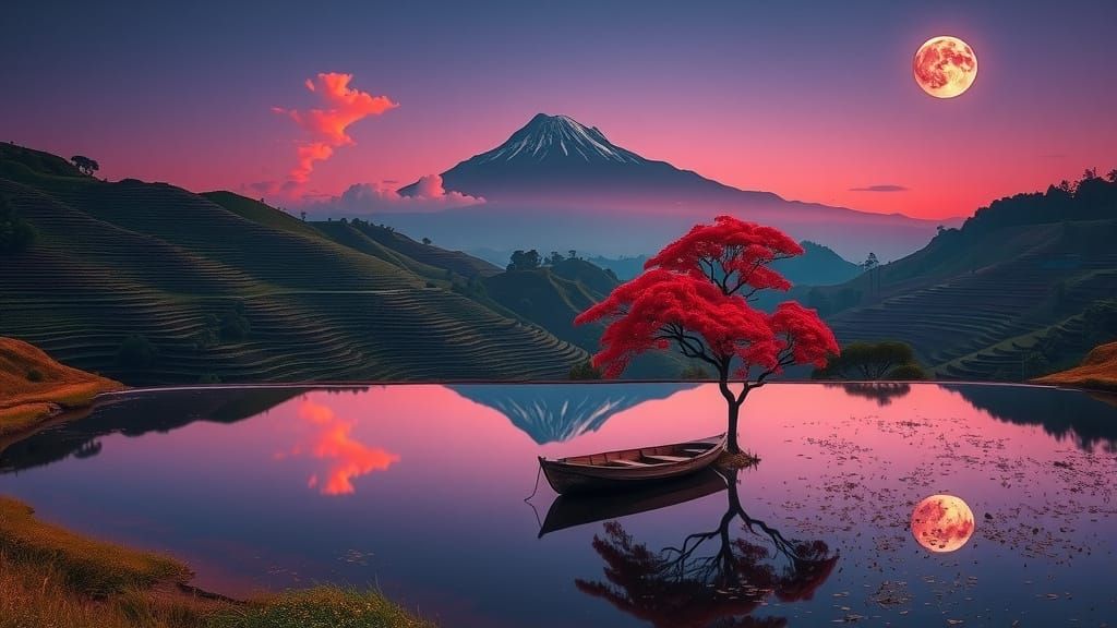 Surreal Highland Panorama Under Glowing Red Moon