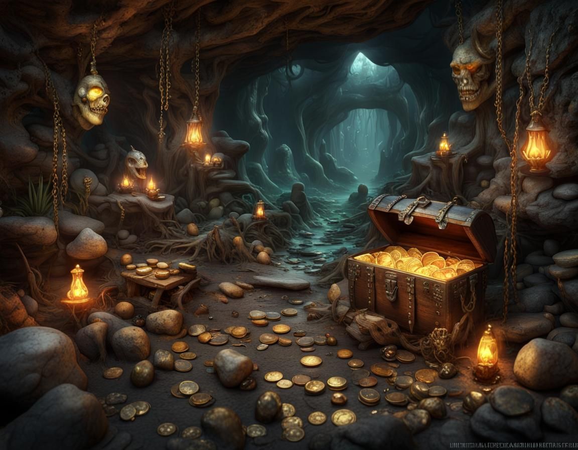 Dank Troll Cave Hoard with Treasure and Bones