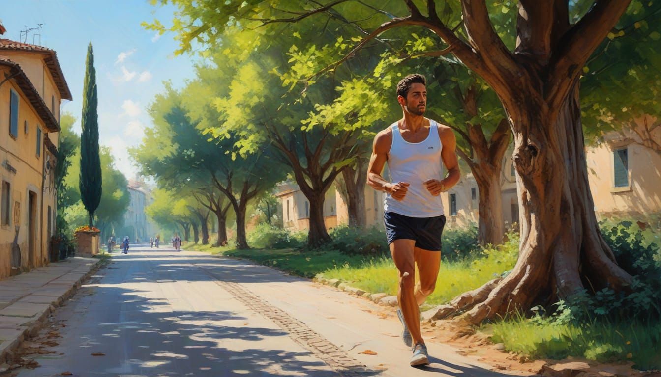 Romantic Italian Runner Crosses Tree-Lined Street in Tuscany