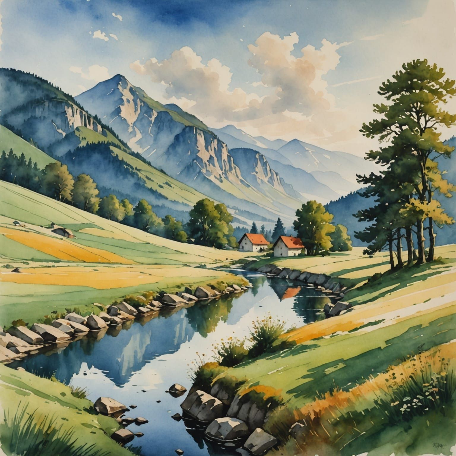 Idyllic Morning Watercolor Landscape