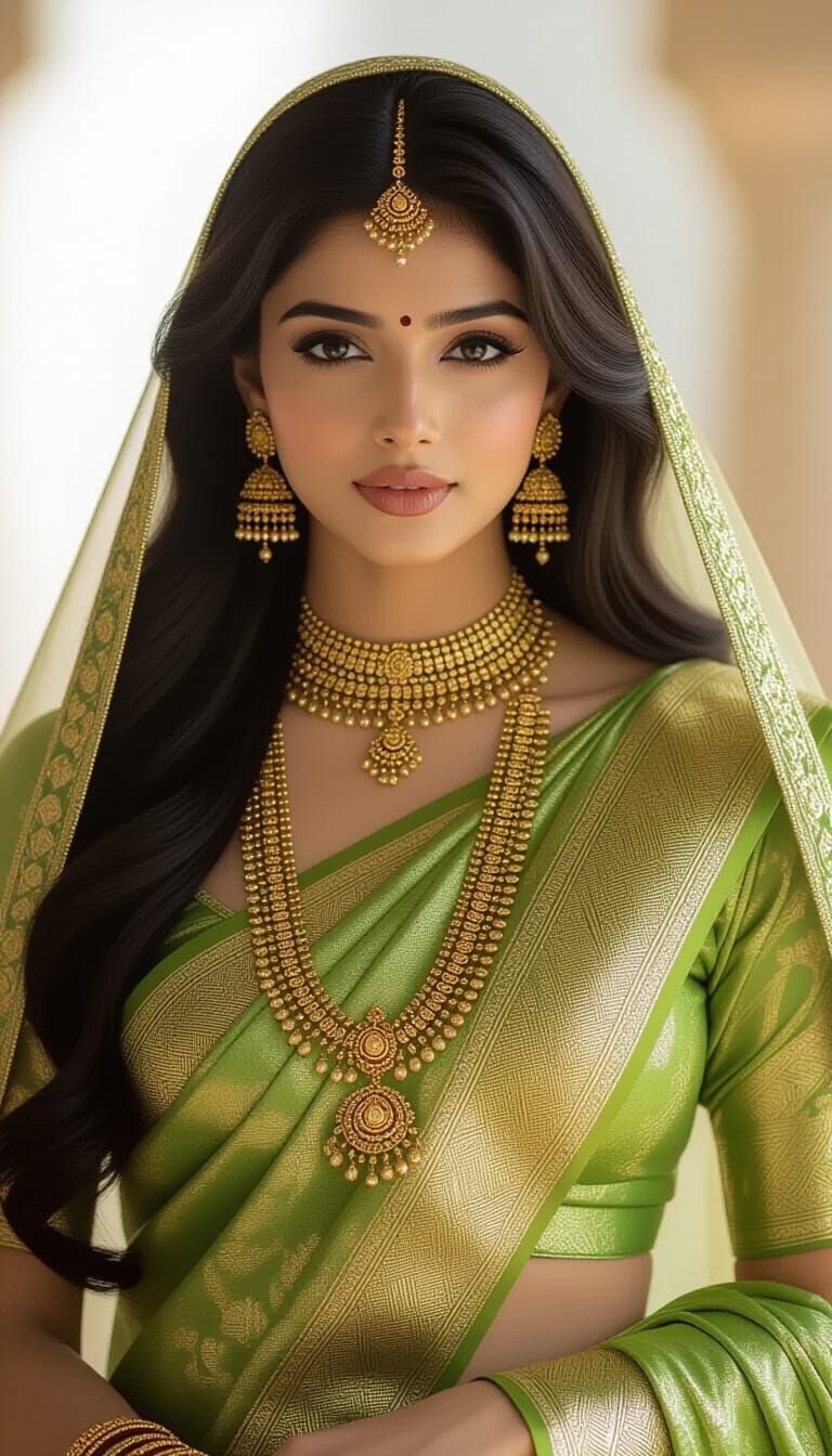 Indian Woman in Gold Saree, Cinematic Portrait