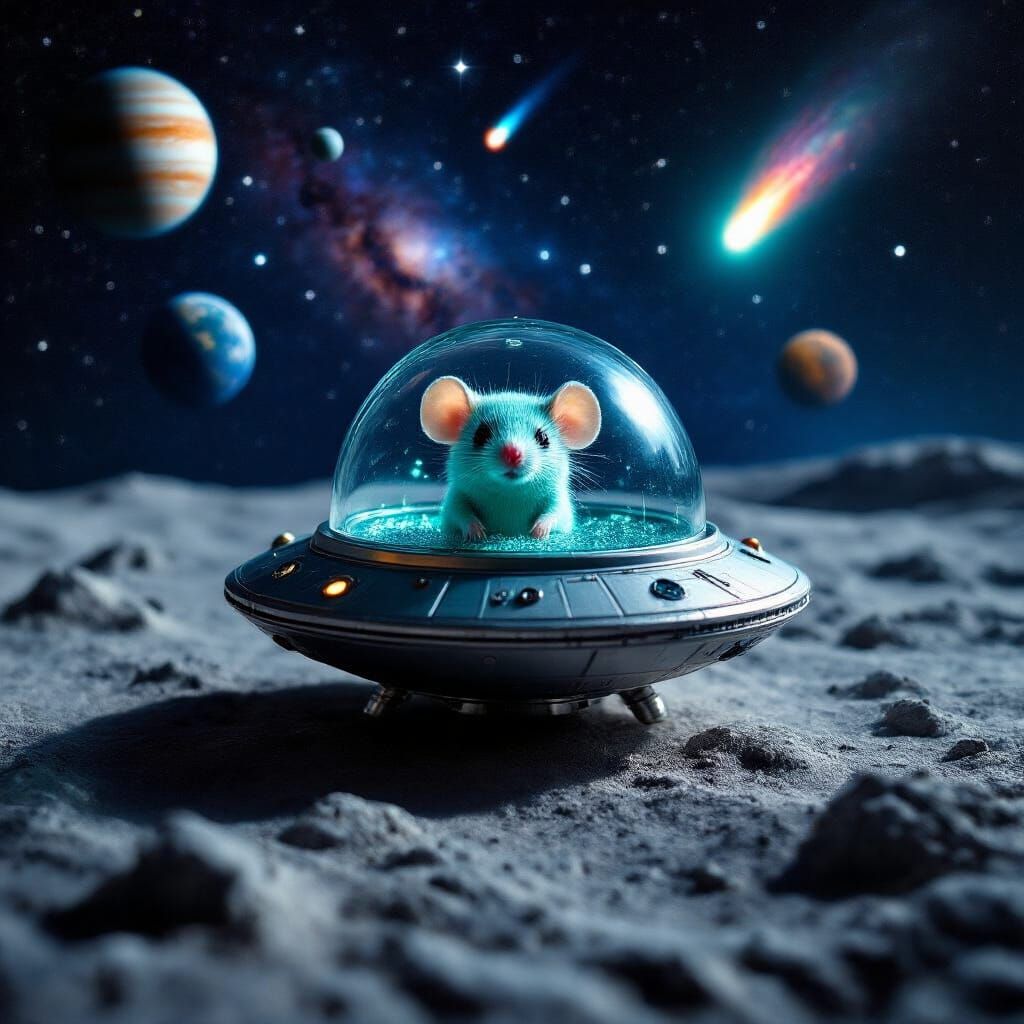 Alien Spaceship with Mouse on Moon Surface