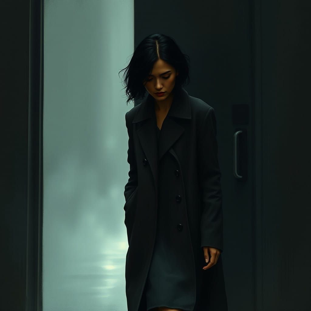 Mysterious Woman Steps into Rainy Morning