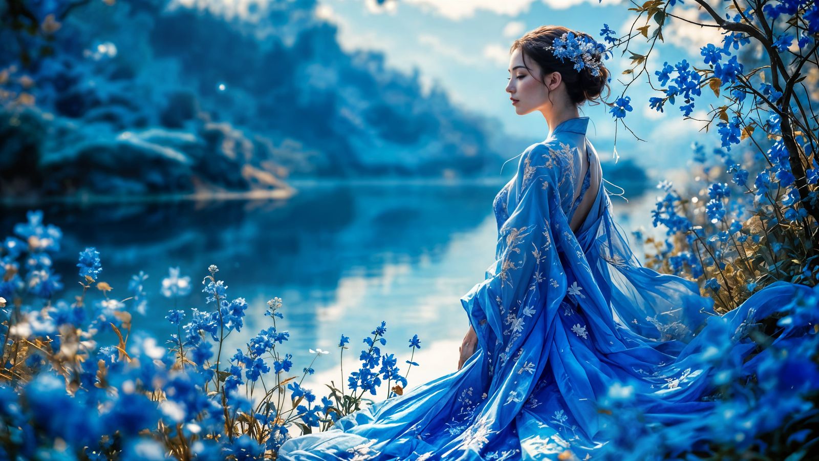 Ethereal Blue Fantasy Scene with Serene Woman and Bluebells
