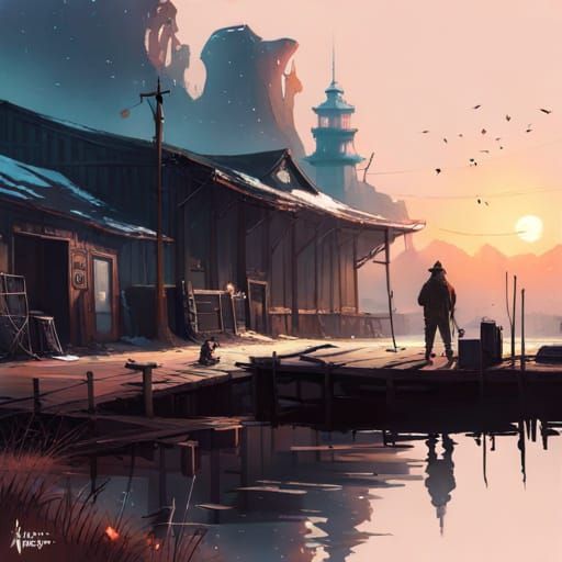 Post-Apocalyptic Fisherman at Dock: Steampunk Fantasy Art