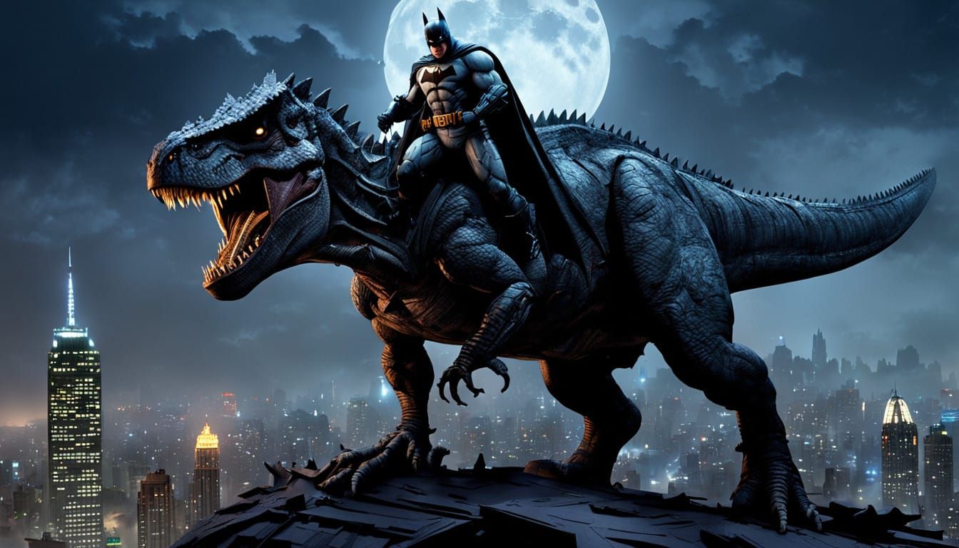 Dark Knight on a Majestic T-Rex in Gotham City