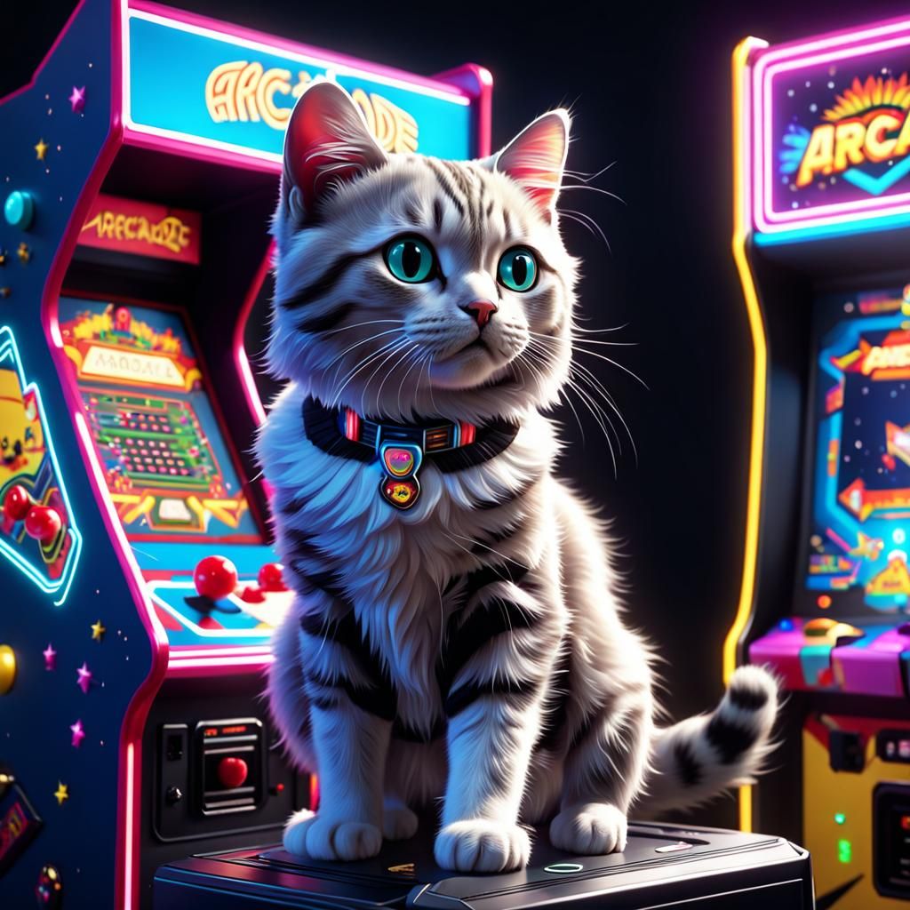 Cat Gamer in Retro 80s Arcade