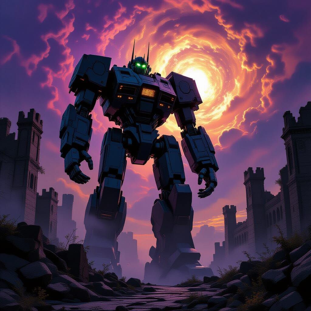 Ancient Robot Guards Alien Castle Ruins Under Nebula Sky