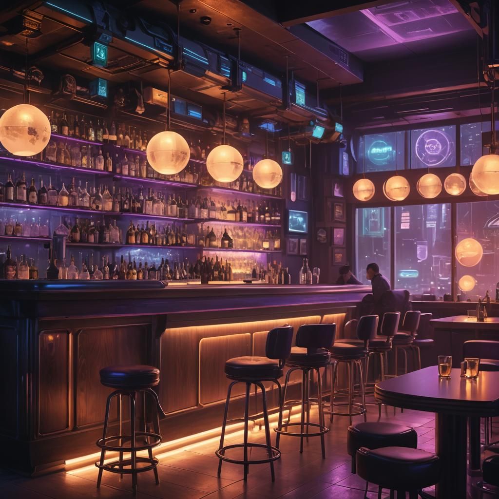 Cyberpunk Bar Interior in Warm, Golden Light