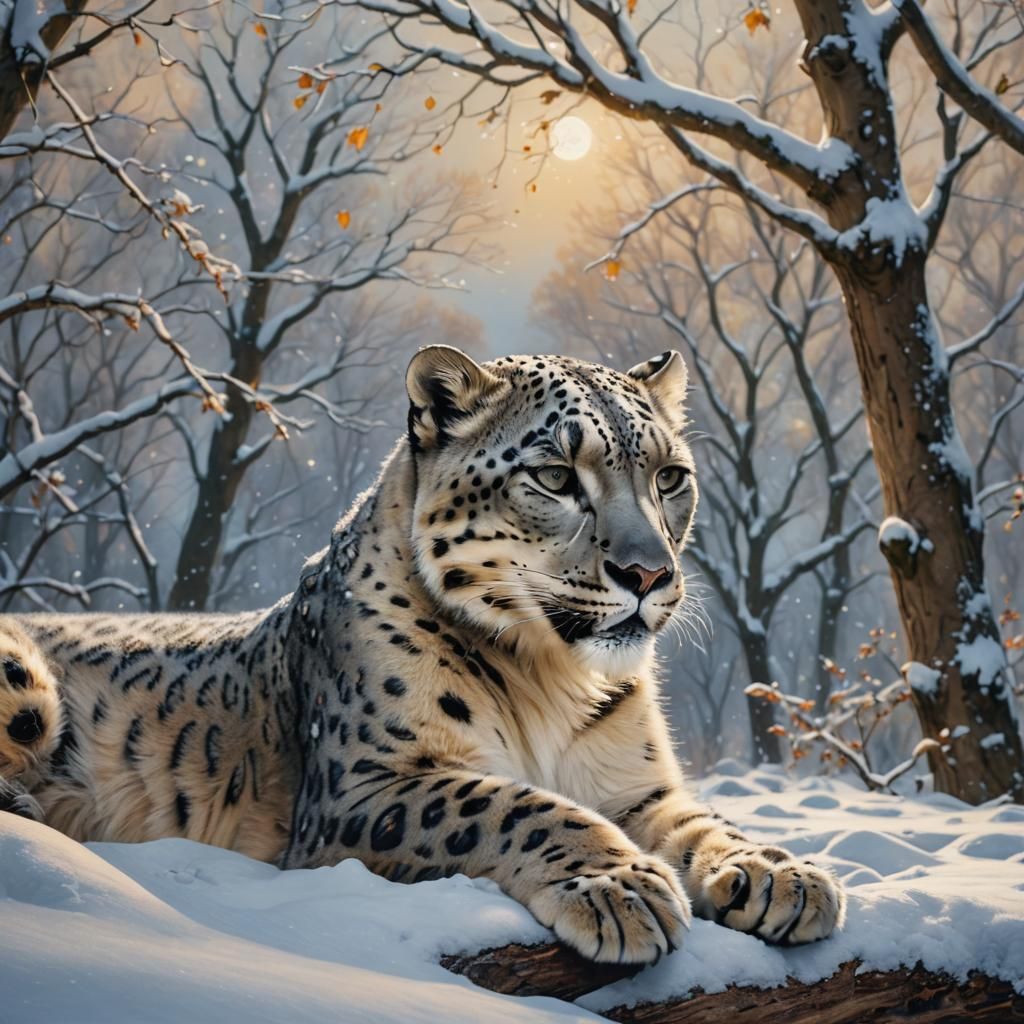 Snow Leopard Sleeping: Vibrant Oil Painting