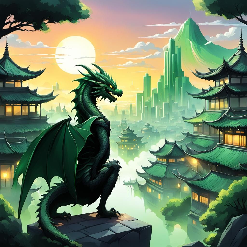 Cartoon Dragon and Boy Overlook City at Sunrise