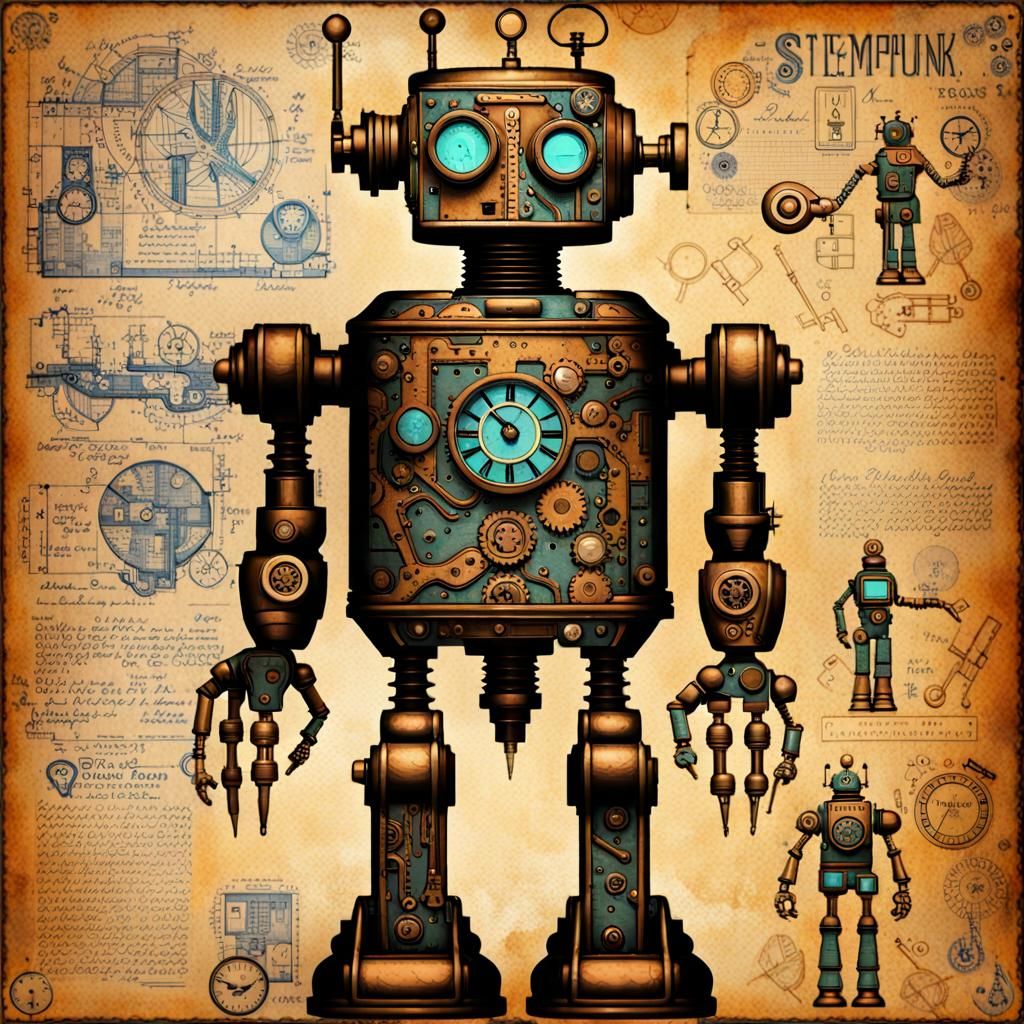 Steampunk Robot Technical Plan in Decoupage Style