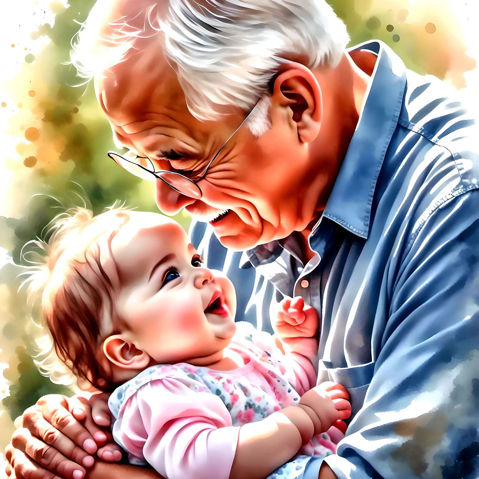 Precious Baby Girl Kisses Grandfather: Light Watercolor Art