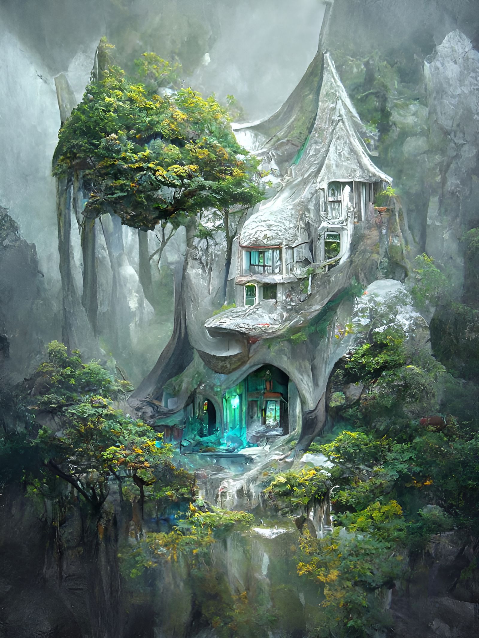 Mystical House in Enchanted Forest, Digital Art