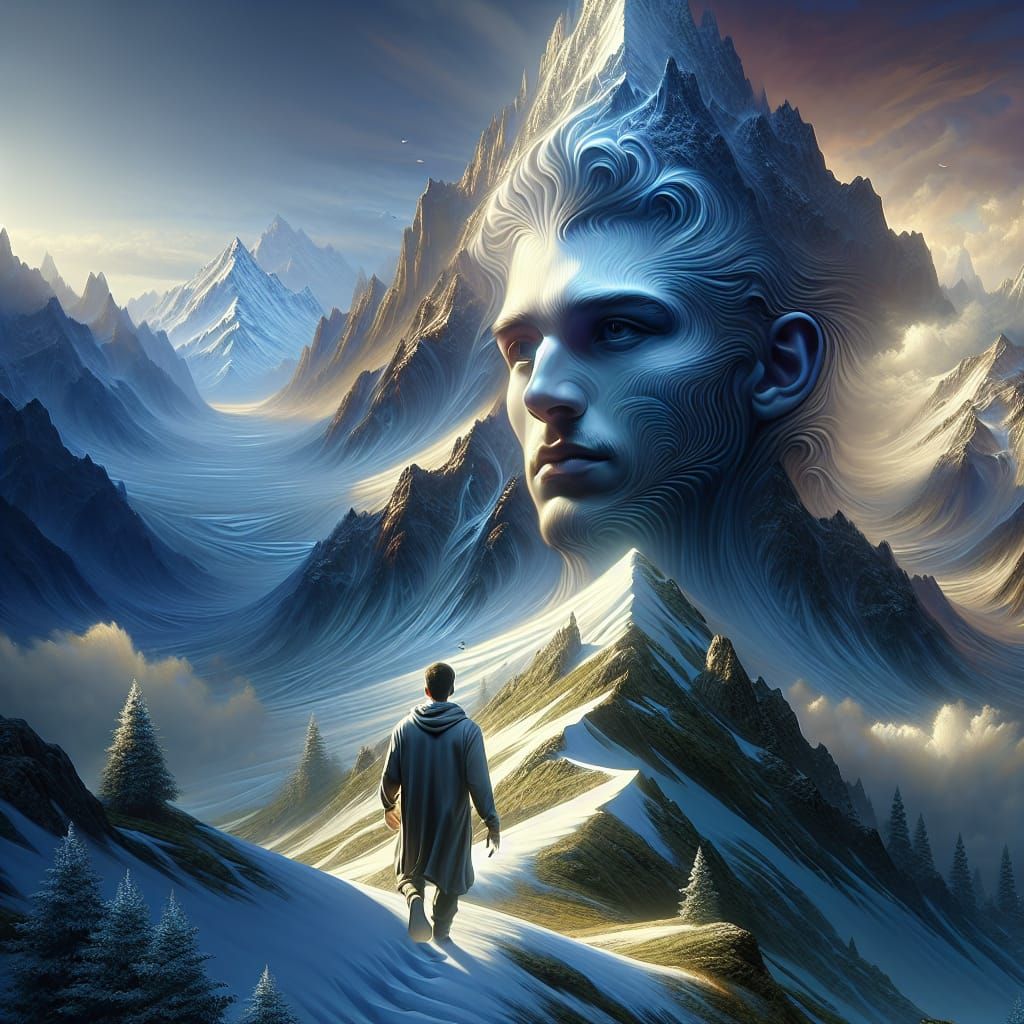 Contemplative Figure at Majestic Mountain Peak