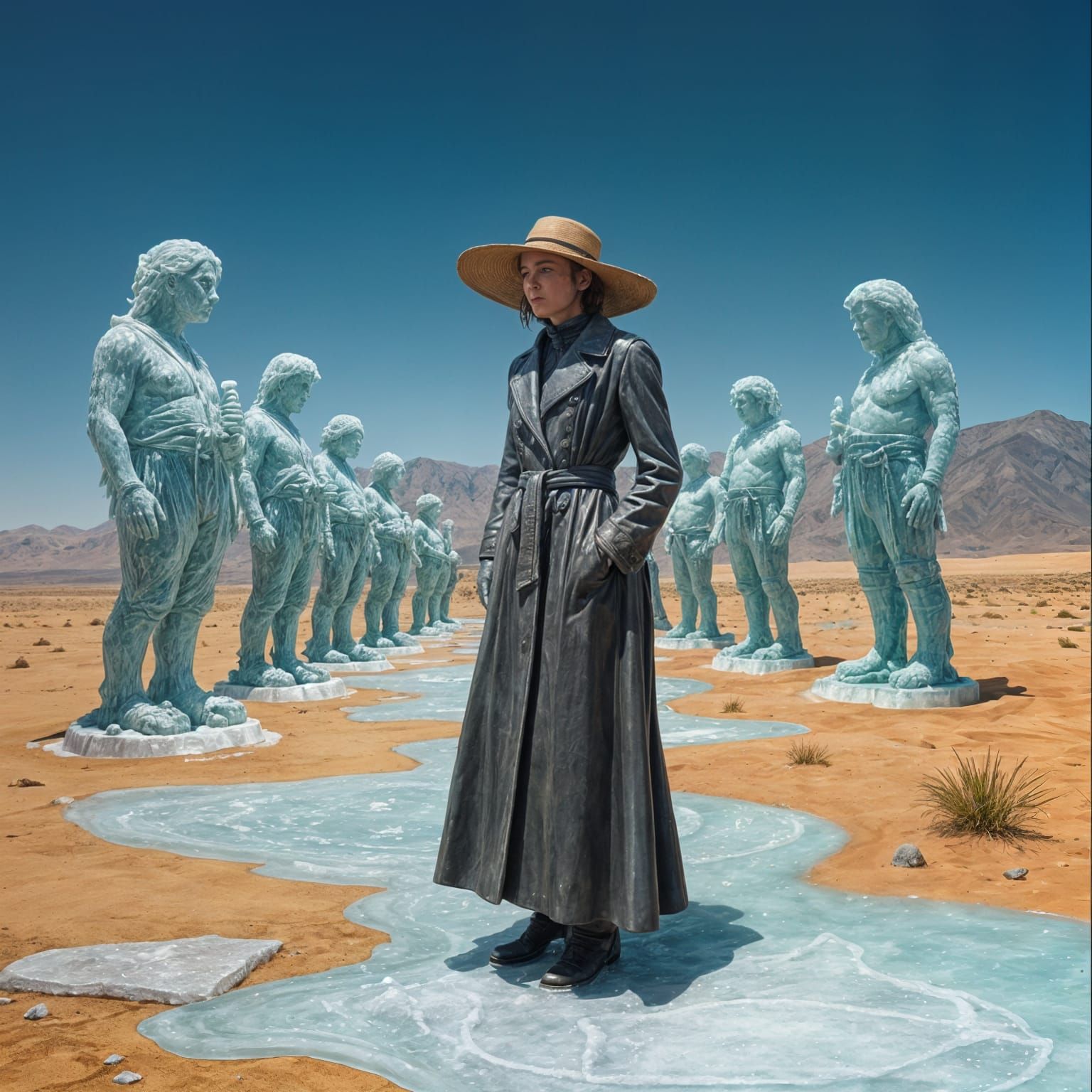 Hyperrealistic Melting Ice Statues in Desert