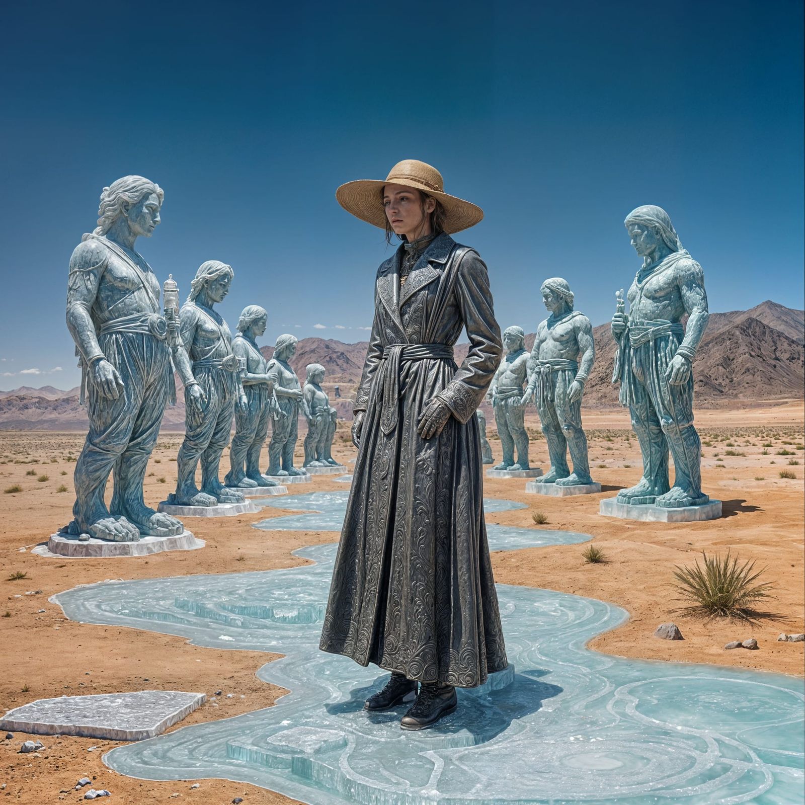 Melting Ice Statues in a Desert Landscape