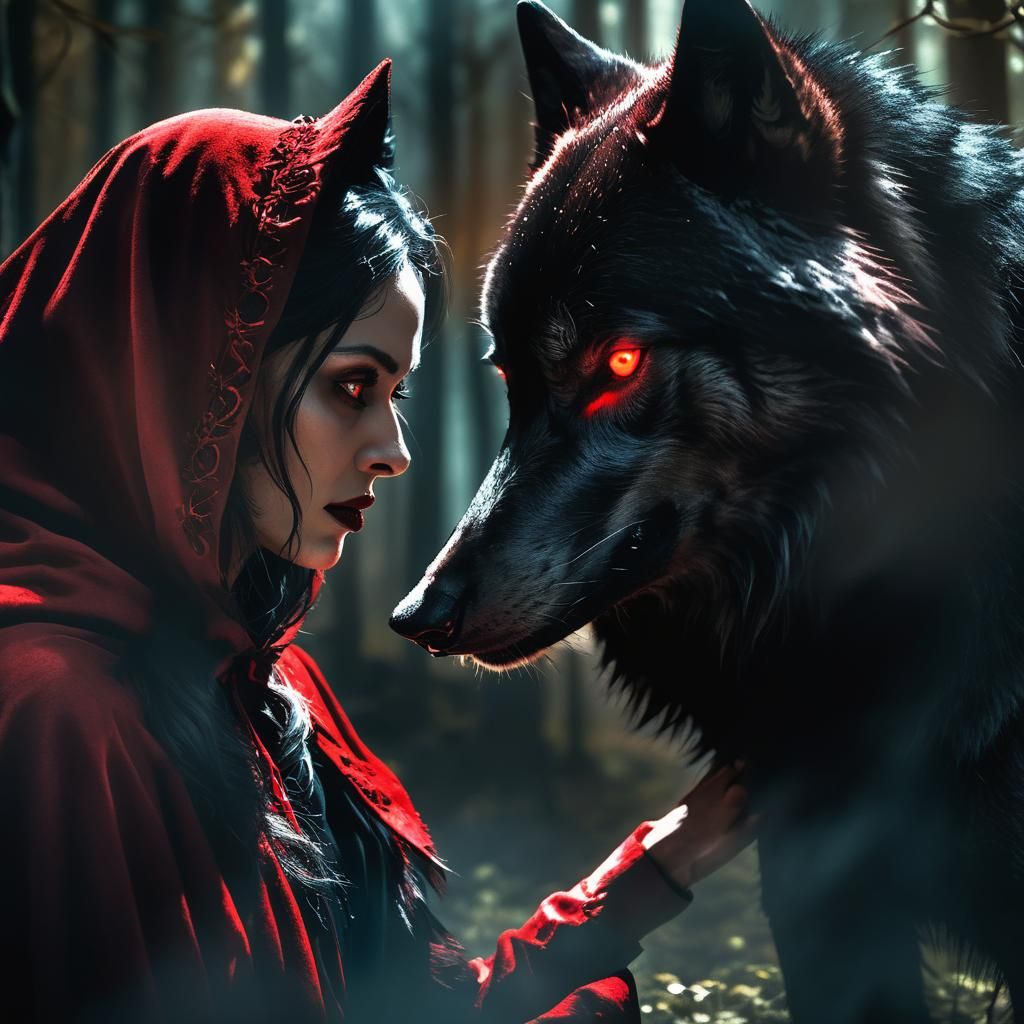 Gothic Woman and Black Wolf in Dark Forest