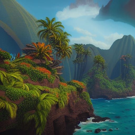 Detailed Matte Painting of Hawaii in Deep Color