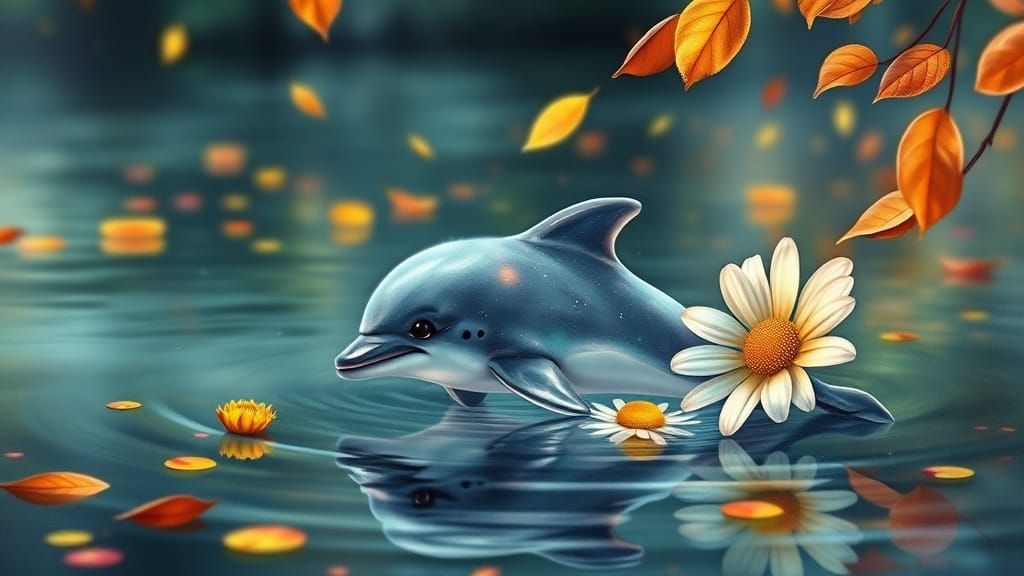 Ethereal Baby Dolphin Among Autumn Leaves