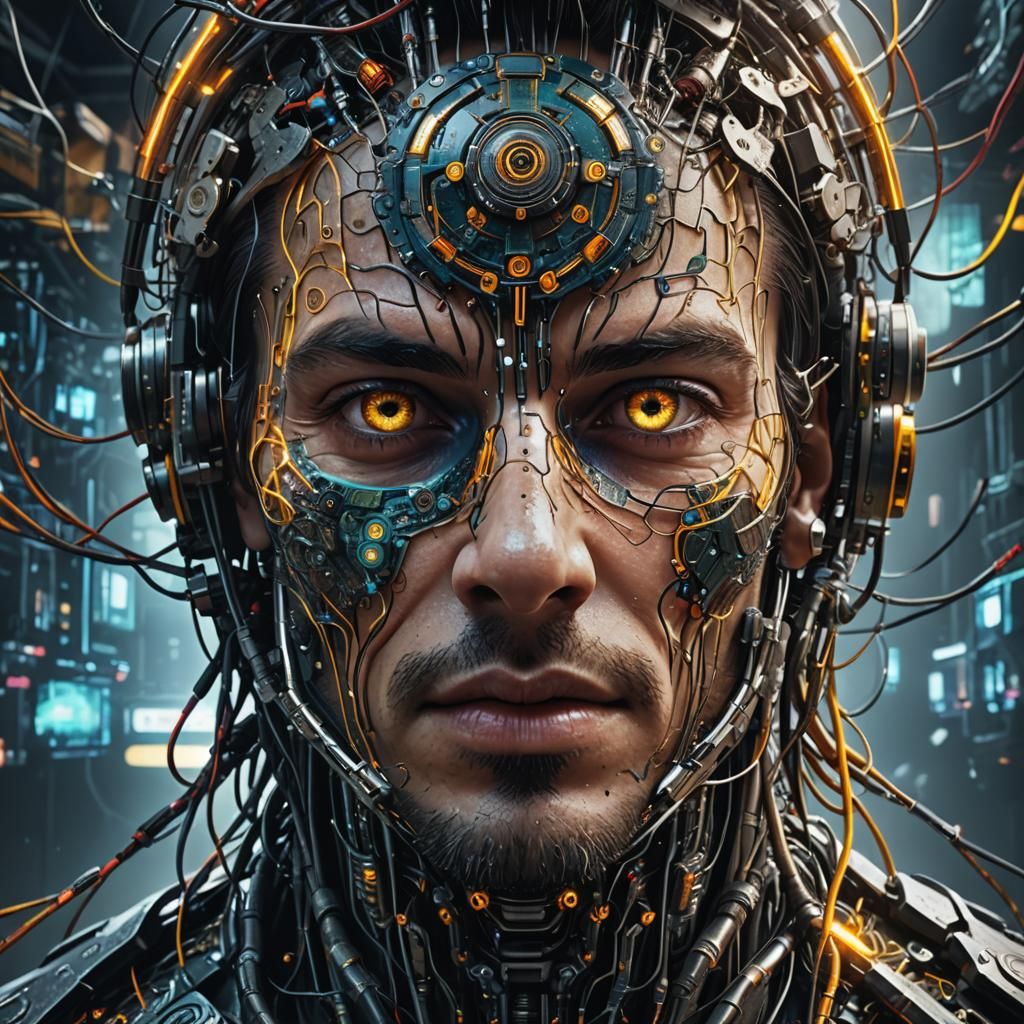 Hacker with Cybernetic Eye Displaying Bio-Data Streams