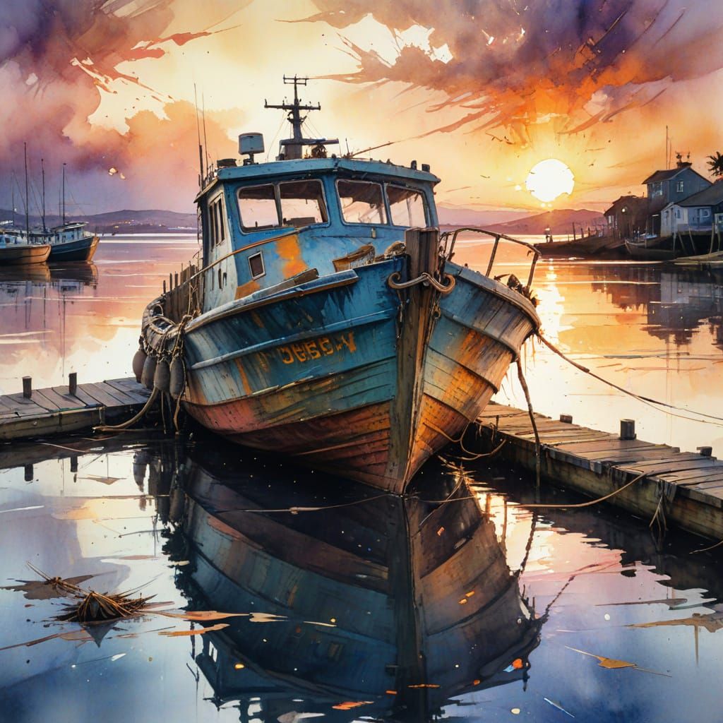 Old Boat at Sunset in Watercolour Style