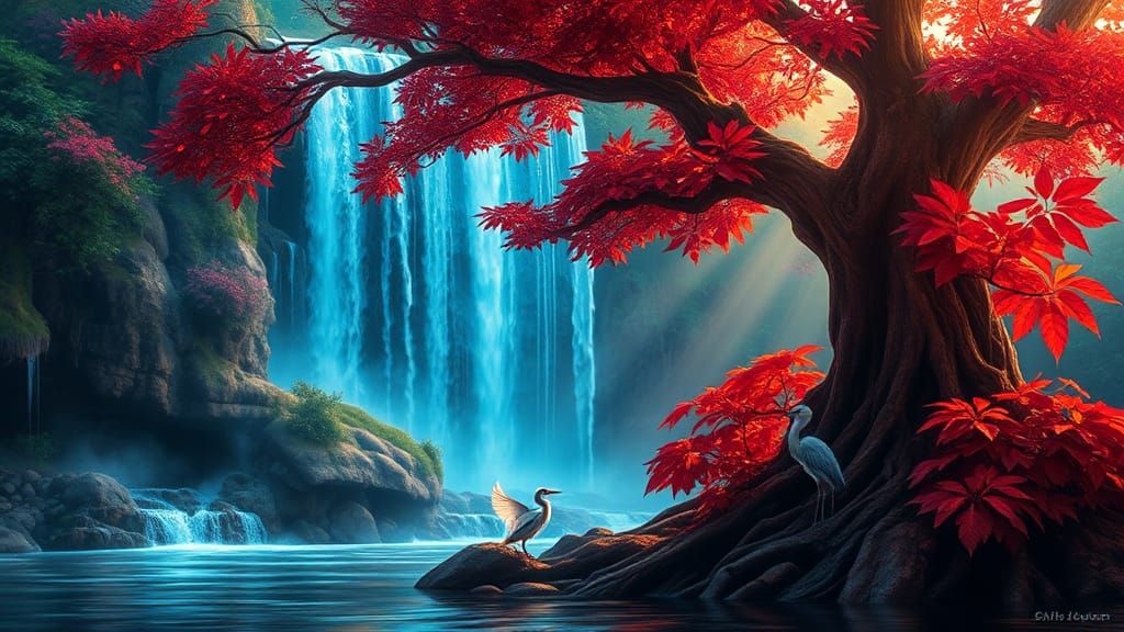 Ancient Tree with Red Leaves and Neon Waterfall
