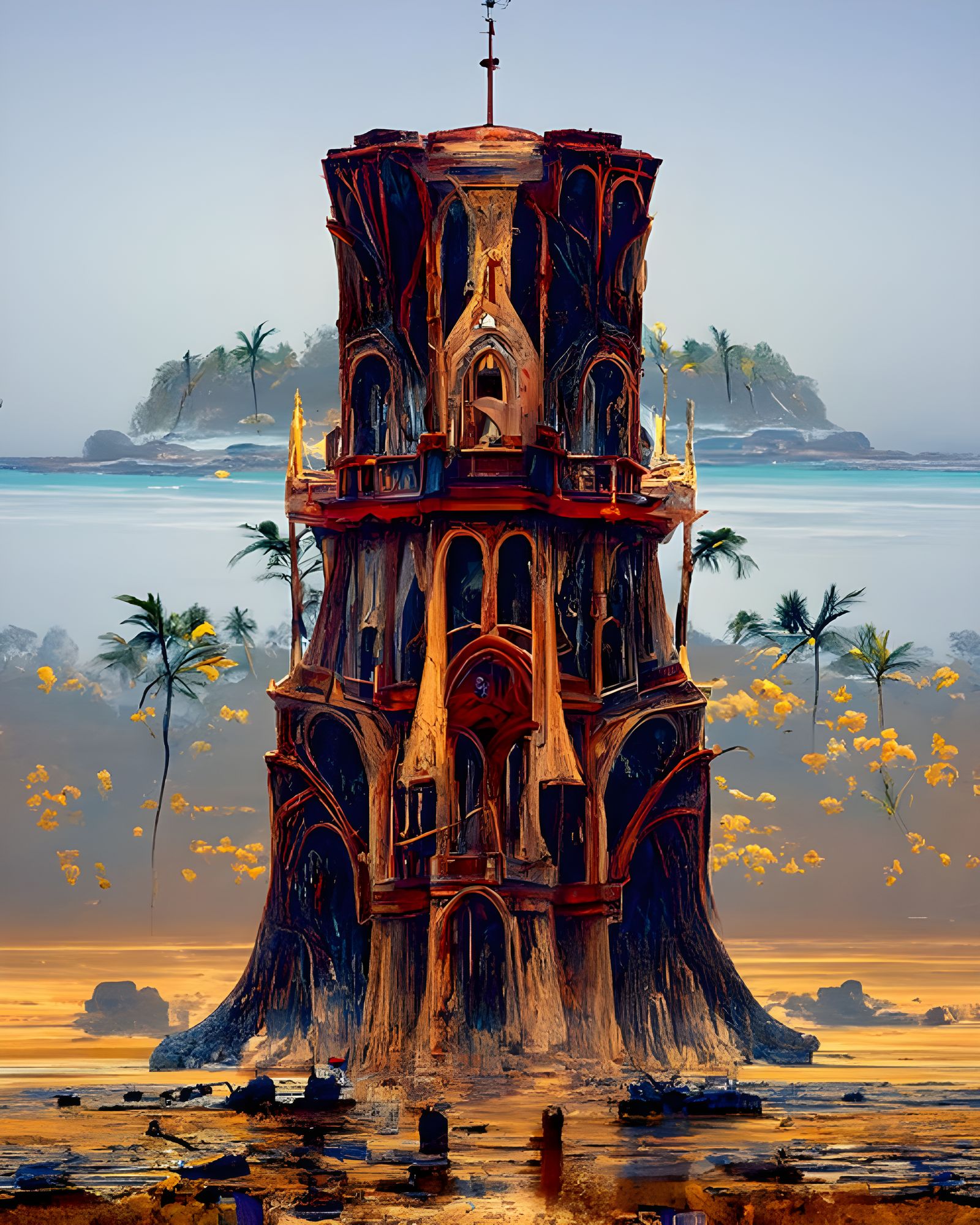 Gothic Tower on Peaceful Beach, Romanticism Style