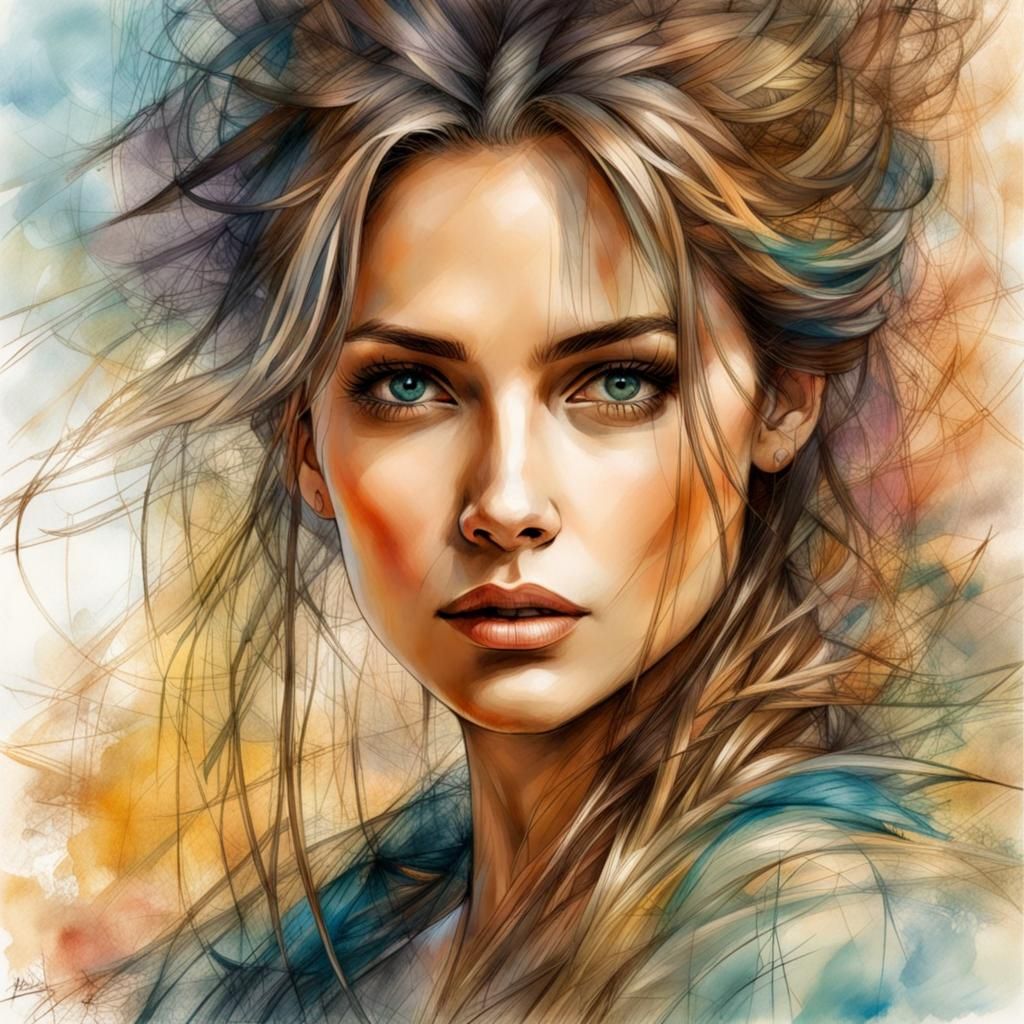 Crosshatched Portrait of a Woman in Mixed Media Style