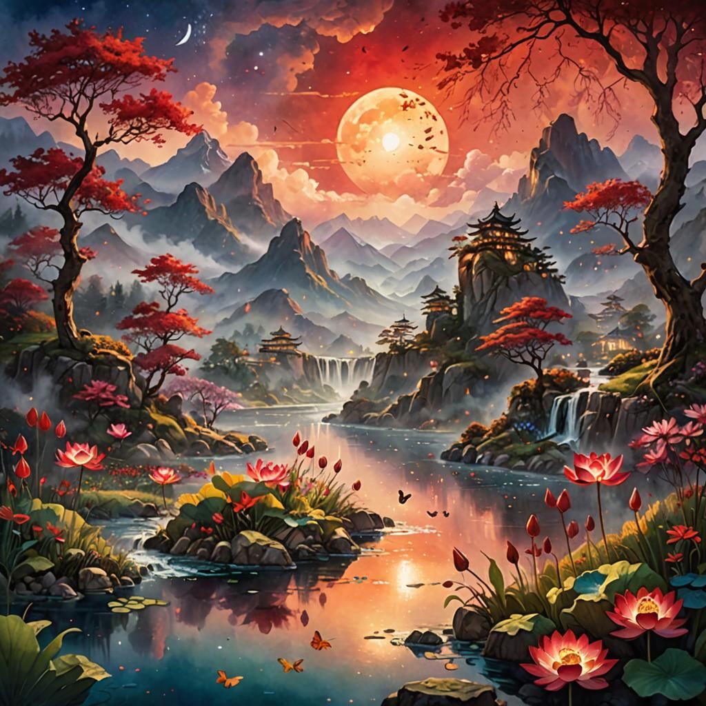 Ruby Sunset Sky with Blood Moon, Watercolor Style